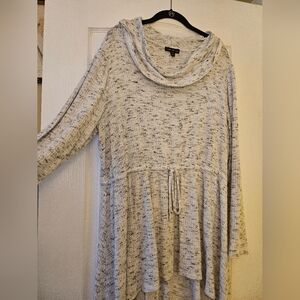 Grey and black speckled cowl neck tunic with drawstring waist from Lane Bryant.